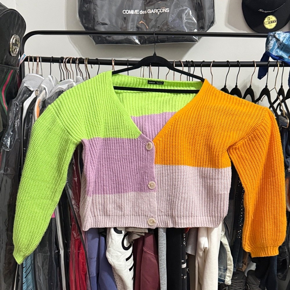 SHEIN Color Block Cardigan in Green, Purple, and Orange